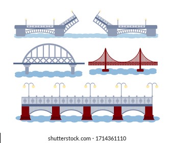 Icon set og bridge with river. Various types of construction. Opening, railway, motorway. Vector illustration. Industrial connection concept.