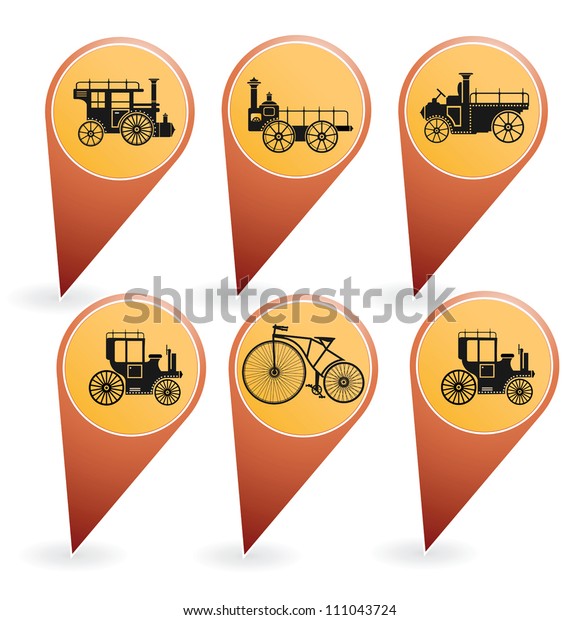 Icon set of old bikes and\
cars