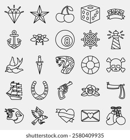 Icon set of old school tattoo. Traditional tattoo elements. Icon in line style.