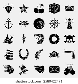 Icon set of old school tattoo. Traditional tattoo elements. Icon in glyph style.