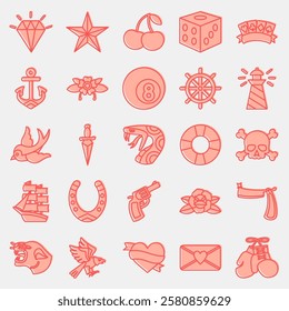 Icon set of old school tattoo. Traditional tattoo elements. Icon in two tone style.