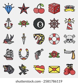 Icon set of old school tattoo. Traditional tattoo elements. Icon in filled line style.