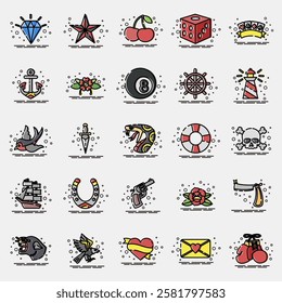 Icon set of old school tattoo. Traditional tattoo elements. Icon in MBE style.