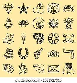 Icon set of old school tattoo. Traditional tattoo elements. Icon in hand drawn style.