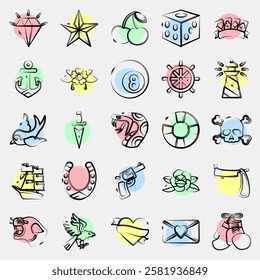 Icon set of old school tattoo. Traditional tattoo elements. Icon in color spot style.