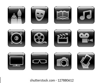 Icon set on the "Entertainment Media" theme. Black and white pictograms on the rounded square "glossy" buttons