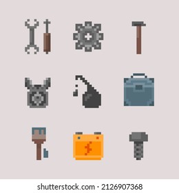 Icon set on mechanic theme. Collection of pixel art graphic