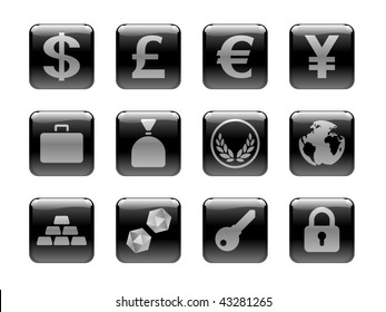 Icon set on the Money Theme. Black and white buttons on the theme of Business/Finance. I've used my own designed symbols/pictograms