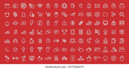 Icon set on red background featuring diverse symbols like travel, technology, and communication. Travel icons, tech icons, and communication icons repeated. User interface icon vector set.