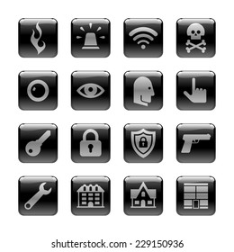 Icon Set on the 'Safeguard & Security' Theme. 16 pictograms on black rounded glossy buttons