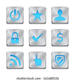 Icon set on silver buttons. Web security icon shield. Close lock icon. Radio broadcasting vector icon. RSS news icon. Brushed power button. User icon. Round ok / check icon.