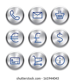 Icon set on silver buttons. Cutting edge modern icons. Fine line pixel aligned mobile ui icons with variable line width. 