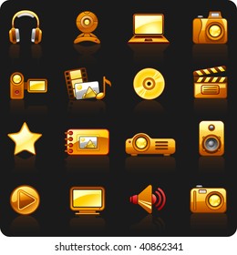 Icon set on a theme Photo and Video orange black background