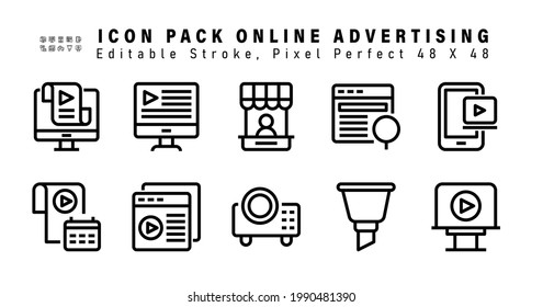Icon Set of Online Advertising Vector Line Icons. Contains such Icons as Mobile Video, Advertising Media Scheduling, Marketing, Projector etc. Editable Stroke. 48x48 Pixel Perfect
