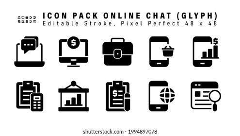 Icon Set of Online Chat Glyph Icons. Contains such Icons as Mobile Analysis, Accounting, Presentation, Business Report etc. Editable Stroke. 48x48 Pixel Perfect