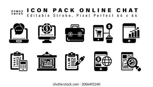 Conjunto de iconos de iconos de chat en línea. Contiene iconos como análisis móvil, contabilidad, presentación, informe comercial, etc., que se pueden editar. 64 x 64 Pixel Perfecto