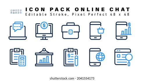 Icon Set of Online Chat Two Color Icons. Contains such Icons as Mobile Analysis, Accounting, Presentation, Business Report etc. Editable Stroke. 48 x 48 Pixel Perfect