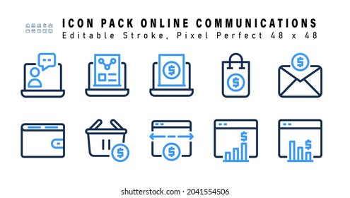 Icon Set Of Online Communications Two Color Icons. Contains Such Icons As Sms Banking, Wallet, Finance, Transaction Etc. Editable Stroke. 48 X 48 Pixel Perfect