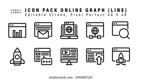 Icon Set Of Online Graph Vector Line Icons. Contains Such Icons As Bounce Rate, Rocket, Rating, Online Advertising Etc. Editable Stroke. 48x48 Pixel Perfect