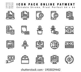 Icon Set of Online Payment Vector Line Icons. Contains such Icons as Mobile Payment, Global Payment, Accounting etc. Editable Stroke. 64x64 Pixel Perfect