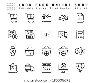 Icon Set of Online Shop Vector Line Icons. Contains such Icons as Shopping Cart, Diamond, Website Discount etc. Editable Stroke. 64x64 Pixel Perfect