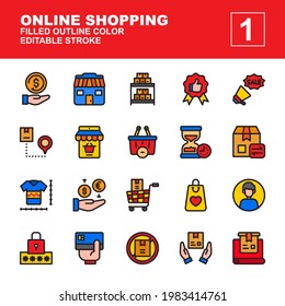 Icon Set of Online Shopping. Line color icons vector. Contains such of cashback, store, stock product, user profile, delivery, shipping, address location and more. You can use for web, app and more.