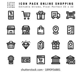 Icon Set of Online Shopping Vector Line Icons. Contains such Icons as Paper, Store, Diamond, Label etc. Editable Stroke. 32x32 Pixel Perfect