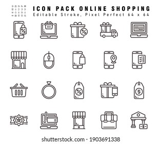 Icon Set of Online Shopping Vector Line Icons. Contains such Icons as Store, Mobile Location, Gift Discount etc. Editable Stroke. 64x64 Pixel Perfect