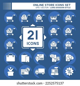 Almacén en línea de conjunto de iconos. relacionado con el símbolo de la tienda en línea. estilo de sombra larga. ilustración simple. tienda