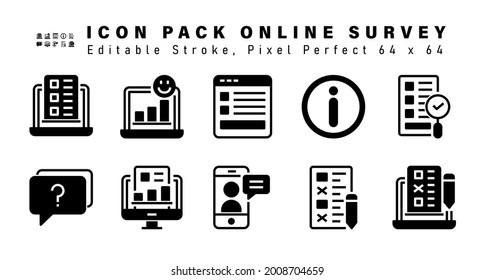 Icon Set Of Online Survey Glyph Icons. Contains Such Icons As  Finding Answer, Faq, Survey Evaluation, Telephonic Interview Etc. Editable Stroke. 64 X 64 Pixel Perfect