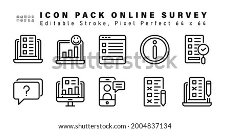 Icon Set of Online Survey Line Icons. Contains such Icons as Finding Answer, Faq, Survey Evaluation, Telephonic Interview etc. Editable Stroke. 64 x 64 Pixel Perfect
