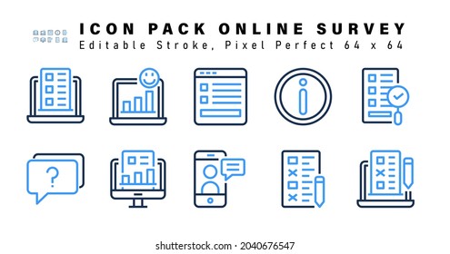 Icon Set of Online Survey Two Color Icons. Contains such Icons as Finding Answer, Faq, Survey Evaluation, Telephonic Interview etc. Editable Stroke. 64 x 64 Pixel Perfect