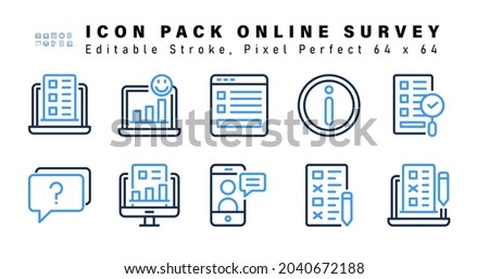 Icon Set of Online Survey Two Color Icons. Contains such Icons as Finding Answer, Faq, Survey Evaluation, Telephonic Interview etc. Editable Stroke. 64 x 64 Pixel Perfect