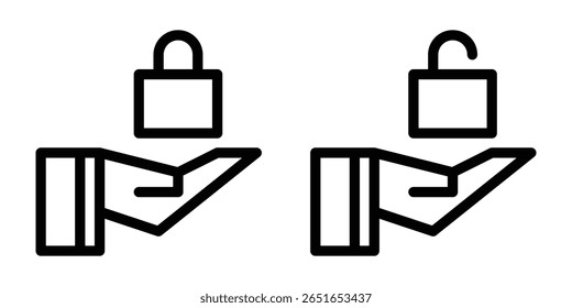 icon set of an open hand holding a padlock and an unlocked padlock. The closed lock represents security, privacy, or restriction, while the open lock symbolizes access, permission, or unlocked content