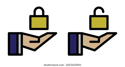 Conjunto de iconos de una mano abierta que sostiene un candado y un candado desbloqueado. El bloqueo cerrado representa seguridad, privacidad o restricción, mientras que el bloqueo abierto simboliza acceso, permiso o contenido desbloqueado