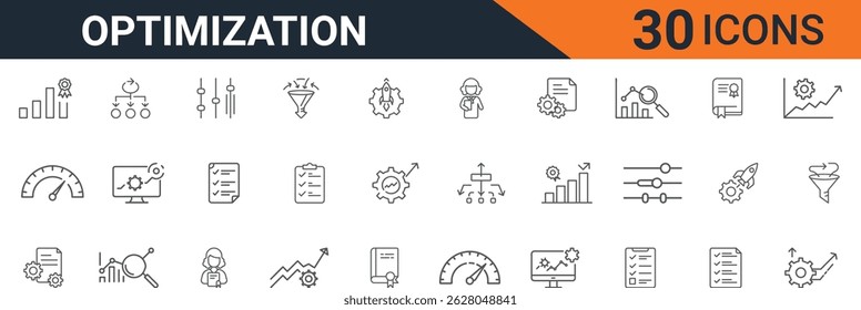 Icon set of optimization strategies including performance analysis, growth improvement, productivity tools, process refinement, analytics dashboards, and digital business efficiency visuals.
