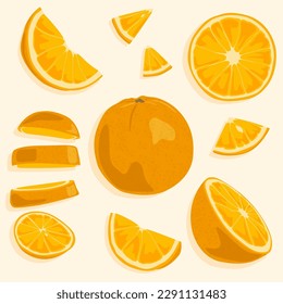 Icon Satz von Orange ganz und geschnitten in Scheiben. Vektorsymbole. Süße, helle Früchte. Natürliche Zutaten.