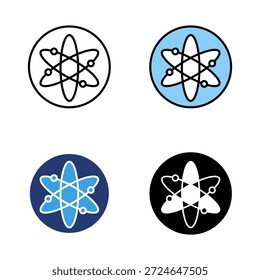 Símbolo de ciência do átomo de órbita definido por ícone. Linha de ícone, glifo e plano com fundo branco isolado de cor azul.
