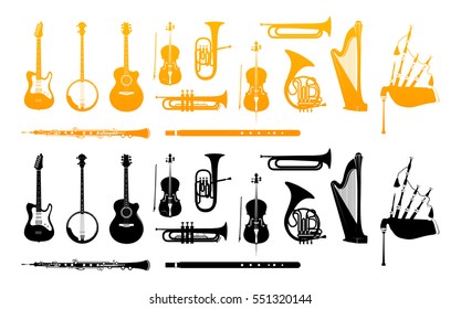 Icon set of Orchestra Musical Instruments silhouettes in gold and black colors. Vector illustrations isolated on white background.