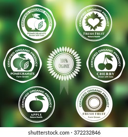 Icon set for Organic Fruit vector template. Organic & Ecologically clean food badges. Product package labeling template for organic standard, farm grown, premium quality products. Layered, editable