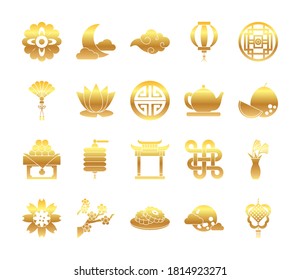 conjunto de iconos de flores orientales y mediados de otoño sobre fondo blanco, estilo gradiente, ilustración vectorial