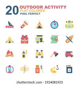 Icon Set of Outdoor Activity. Flat color style icon vector. Contains such of fishing, tent, camping, matchbox, caravan, wigwam, binoculars, axe, compass, and more.