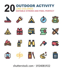 Conjunto de iconos de la actividad al aire libre. Vector de iconos de estilo de color de línea. Contiene pesca, carpa, camping, matchbox, caravana, wigwam, binoculares, hacha, brújula y más. Stroke editable y Pixel Perfect