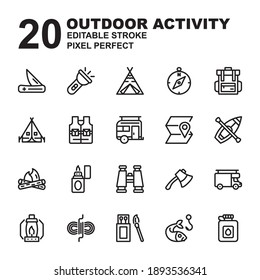 Icon Set of Outdoor Activity. Outline style icon vector. Contains such of fishing, tent, camping, matchbox, caravan, wigwam, binoculars, axe, compass, and more. Editable Stroke and Pixel Perfect.