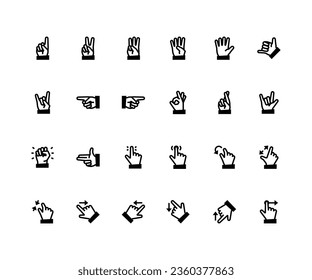 Icon set of outline hand gestures with 24 symbols. Contains such symbols as Numbers, Call me, Good luck and more.