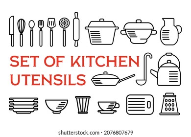Icon set of outline kitchen utensil, cutlery and flatware. Line collection of kitchenware for cooking with pan and pot, grater and bowl, kettle and ladle. Isolated flat vector illustration.