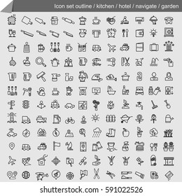 icon set outline.Equipment in the hotel kitchen equipment, navigation equipment and gardening.vector