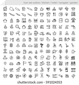 icon set outline.Equipment in the hotel kitchen equipment, navigation equipment and gardening.vector