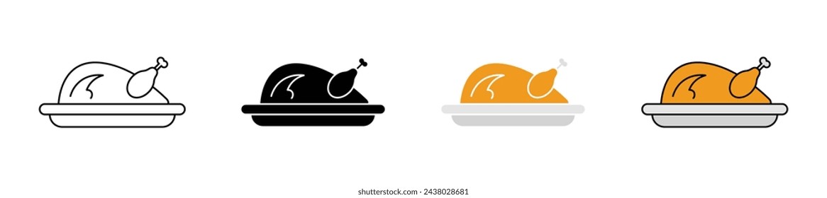Icon Set for Oven-Roasted Turkey. Vector of Whole Chicken on a Platter.