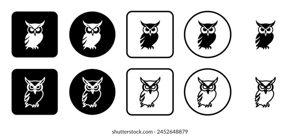 Conjunto de iconos de símbolo de búho. Relleno, contorno, conjunto de iconos en blanco y negro, estilo plano.  Ilustración vectorial sobre fondo blanco